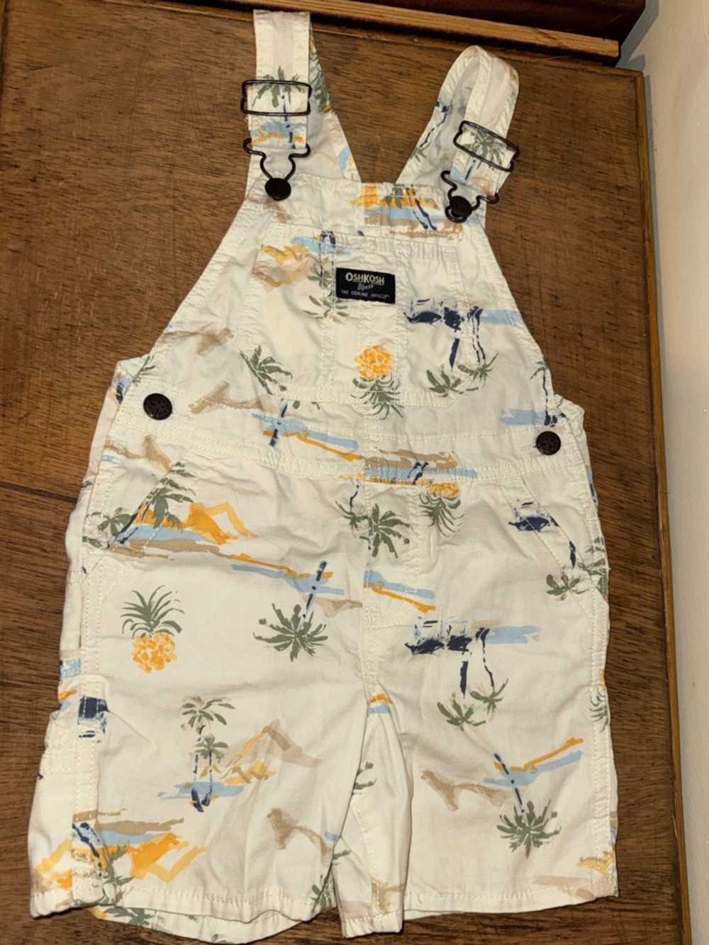 OshKosh B'gosh Cream Overalls with Yellow and Blue Tropical Print palm tree 3T